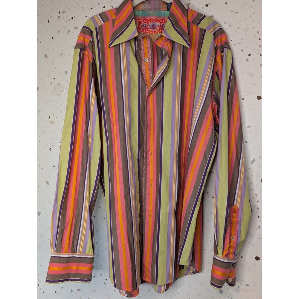 Robert Graham Striped Button Down Shirt XL Cotton Flip Floral Cuffs *Pen Mark
